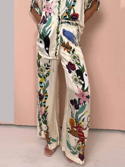 Exquisite Satin Unique Plant Flower Print Loose Wide-Leg Pants