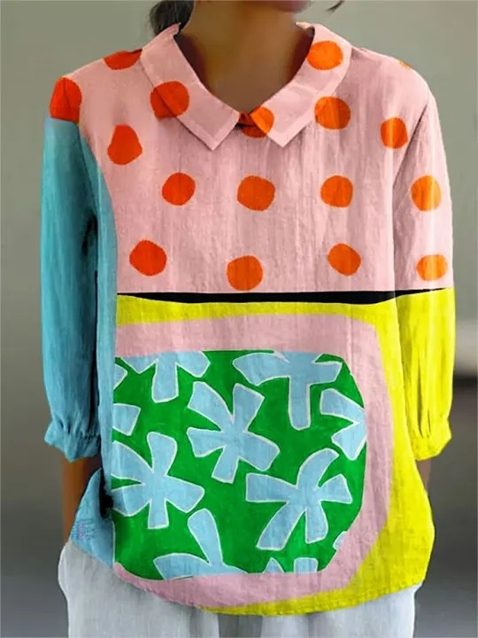 Women's Vintage Abstract Geometric Color Block Art Print Casual Cotton And Linen 3/4 Sleeve Shirt