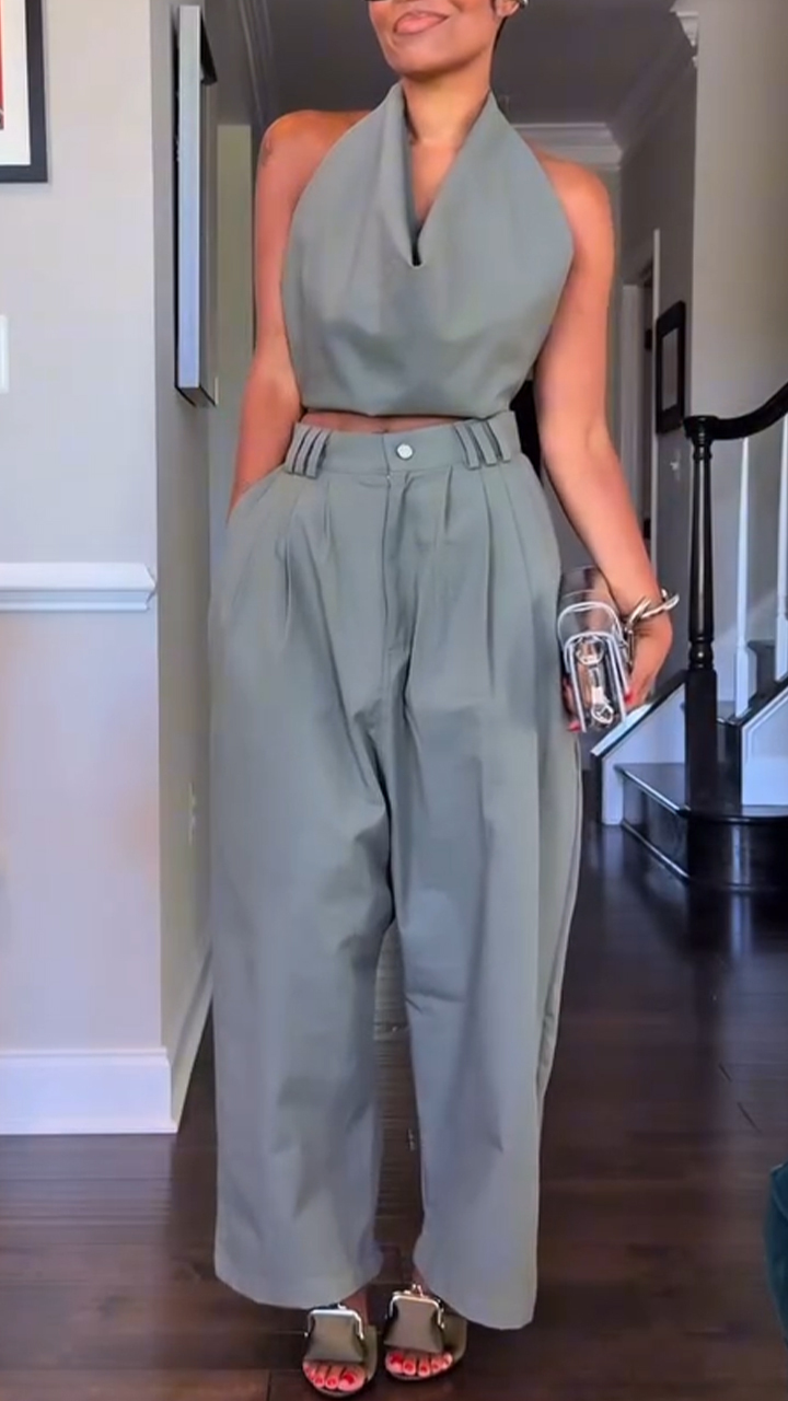 Women's Halter Neck Sleeveless Cotton and Linen Casual Suit