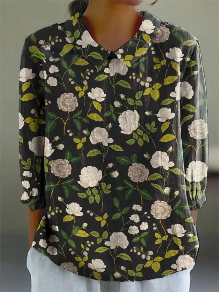 Women's Vintage Floral Art Print Casual Cotton And Linen 3/4 Sleeve Shirt