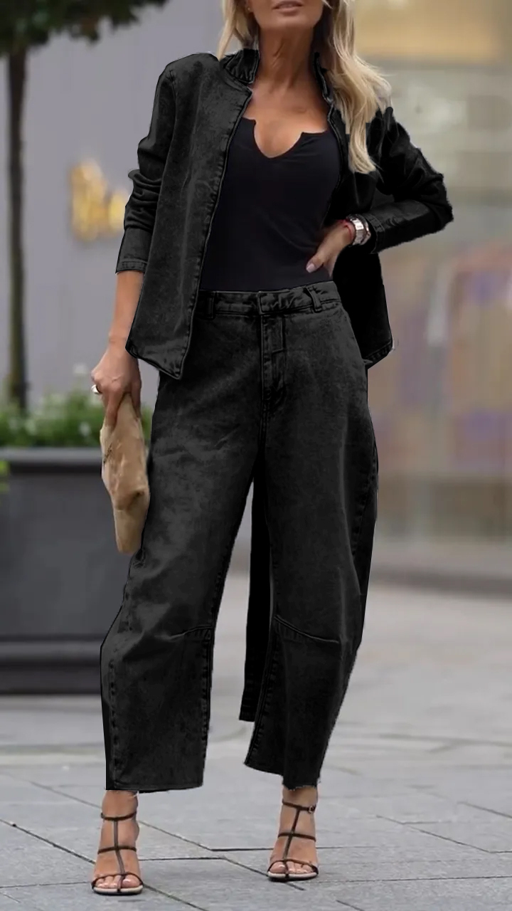 Ladies Round Neck Coat+ Pants Casual Set