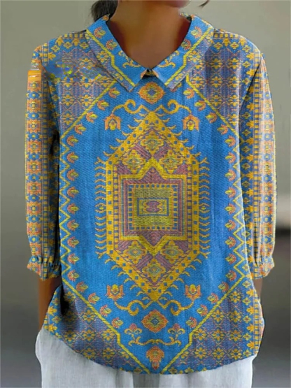 Women's Vintage Ethnic Pattern Art Print Casual Cotton And Linen 3/4 Sleeve Shirt