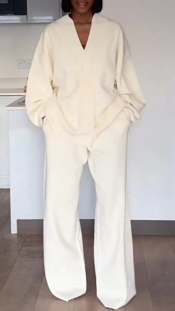 Womens V-neck Coat+ Pants Loose Casual Set