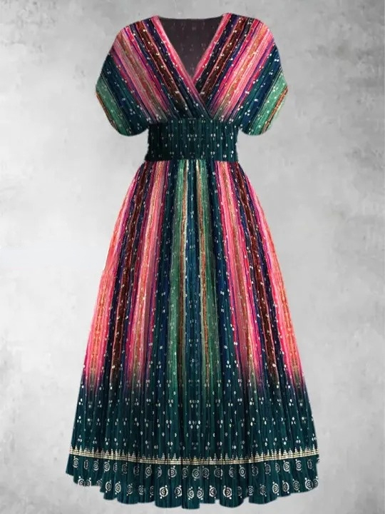 Rainbow Stripe Art Print Vintage Elegant V-Neck Chic Short Sleeve Maxi