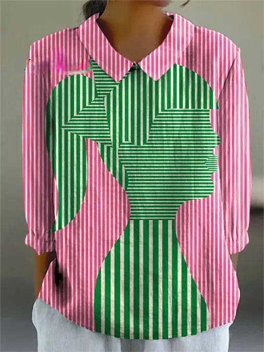 Women's Simple Abstract Geometric Stripes Human Figure Art Print Casual Cotton And Linen 3/4 Sleeve Shirt