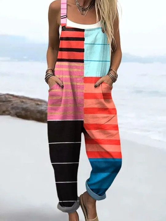 Women's Simple Color Block Art Print Casual 100% Cotton Wide Leg Jumpsuit