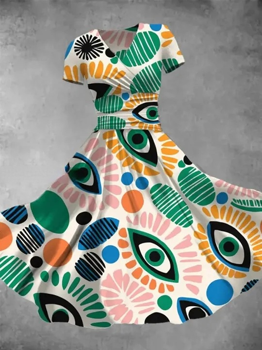 Eyeball Art Print V-Neck Short Sleeve Vintage Midi Dress