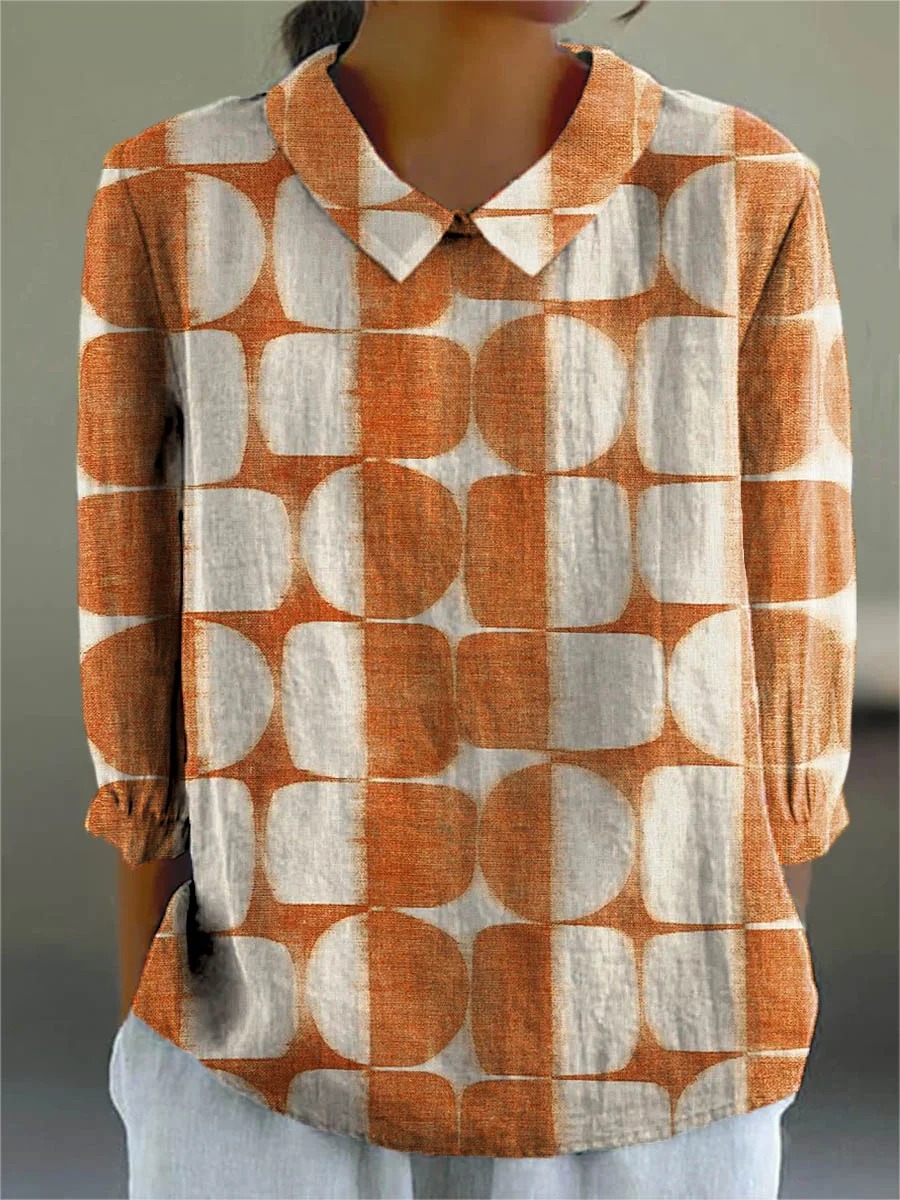 Women's Abstract Geometric Pattern Art Print Casual Cotton And Linen 3/4 Sleeve Shirt
