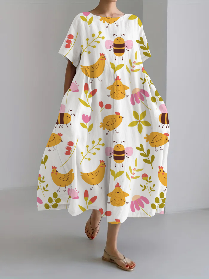 Women Japanese Art Animal Pattern Linen Blend Maxi Dress