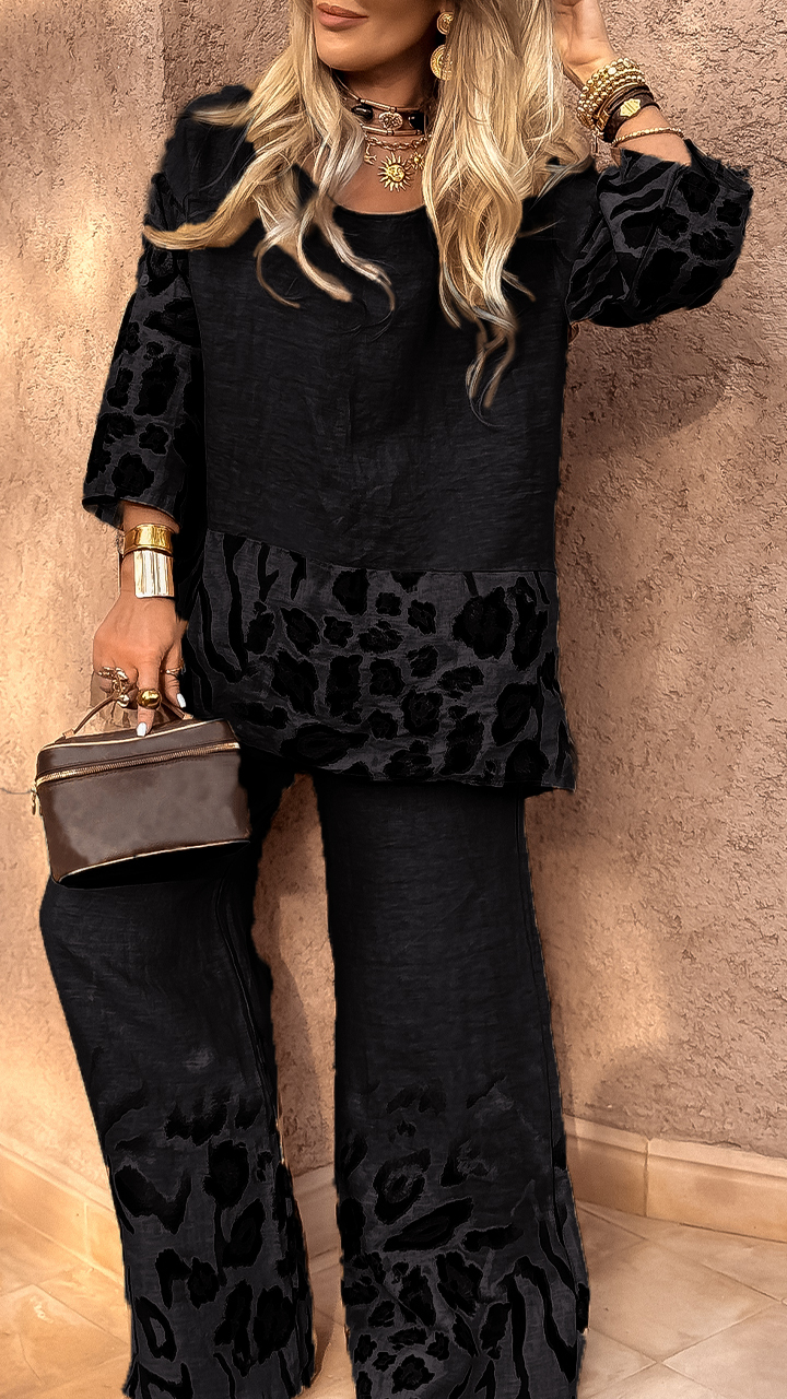 Women's Round Neck Leopard Print Cotton and Linen Casual Suit
