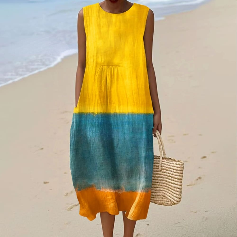 Women's Vintage Abstract Geometric Color Blocks Art Print Sleeveless Cotton Pocket Wrap Dress