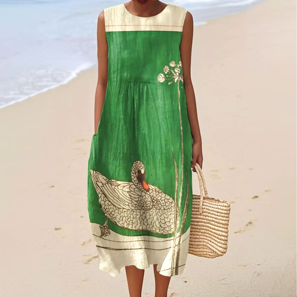 Women's Vintage Swan Drawing Art Print Sleeveless Cotton Pocket Wrap Dress