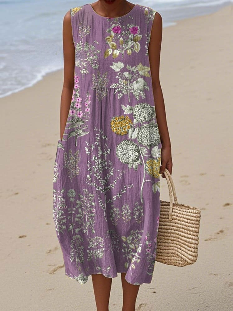 Women's Vintage  Floral Art Print Sleeveless Cotton Pocket Wrap Dress