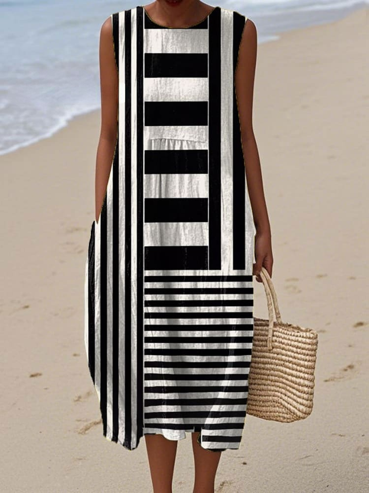 Women's Vintage Abstract Geometric Art Print Sleeveless Cotton Pocket Wrap Dress