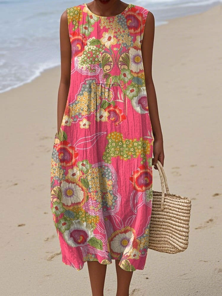 Women's Vintage  Floral Art Print Sleeveless Cotton Pocket Wrap Dress