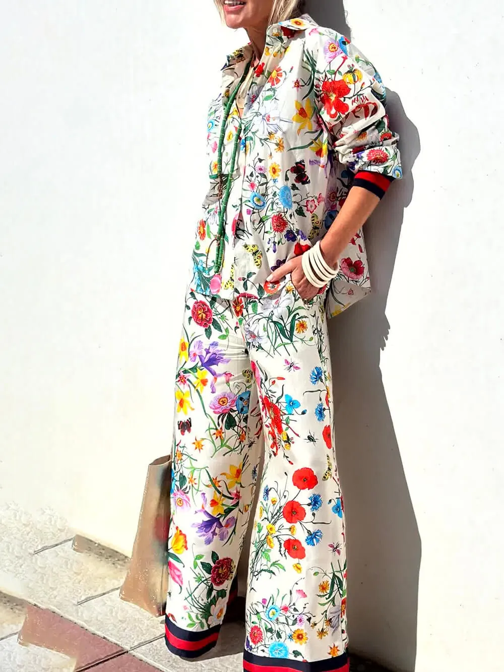 Exquisite Satin Unique Plant Flower Print Loose Wide-Leg Pants