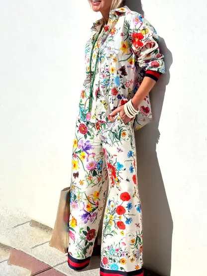 Exquisite Satin Unique Plant Flower Print Loose Wide-Leg Pants