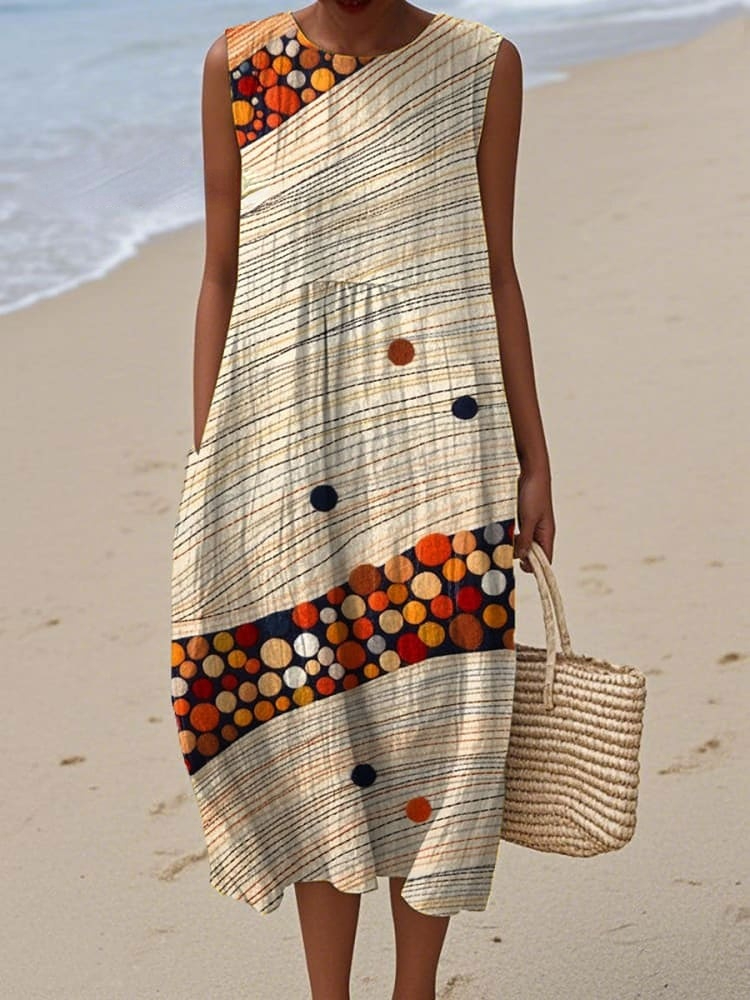 Women's Vintage Abstract Geometric Art Print Sleeveless Cotton Pocket Wrap Dress