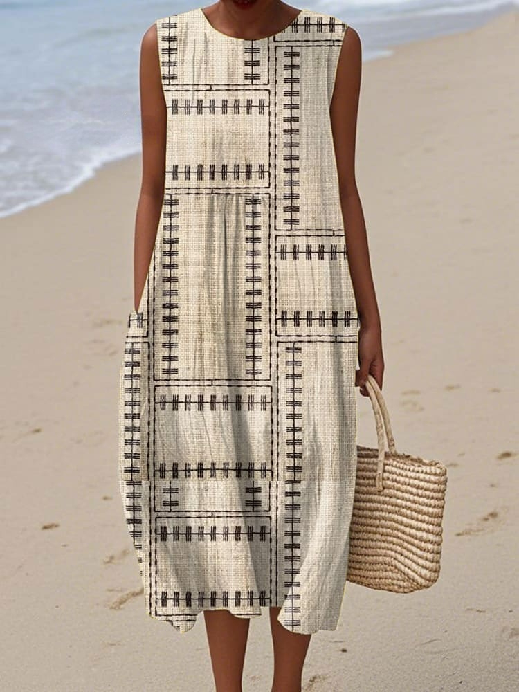 Women's Vintage Abstract Geometric Art Print Sleeveless Cotton Pocket Wrap Dress