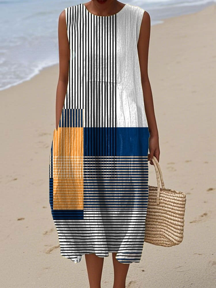 Women's Vintage Abstract Geometric Art Print Sleeveless Cotton Pocket Wrap Dress