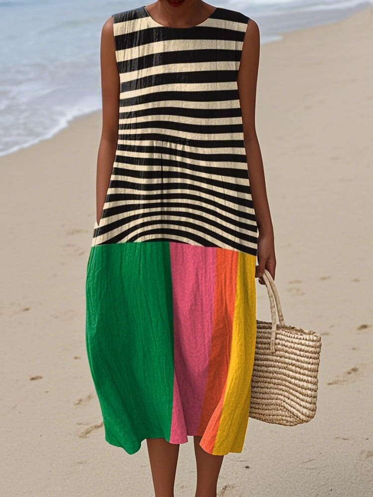 Women's Retro Abstract Geometric Print Cotton and Linen Dress