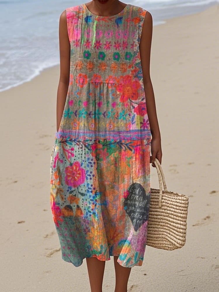 Women's Vintage Bohemian Floral Print Cotton and Linen Dress