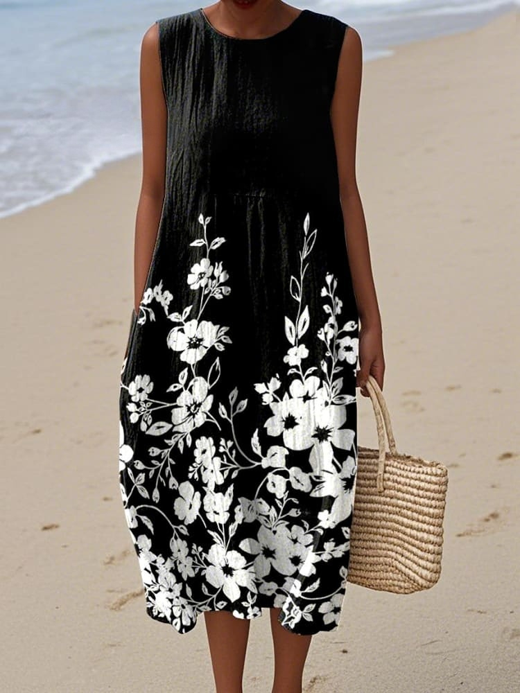 Women's Vintage Floral Print Cotton and Linen Dress