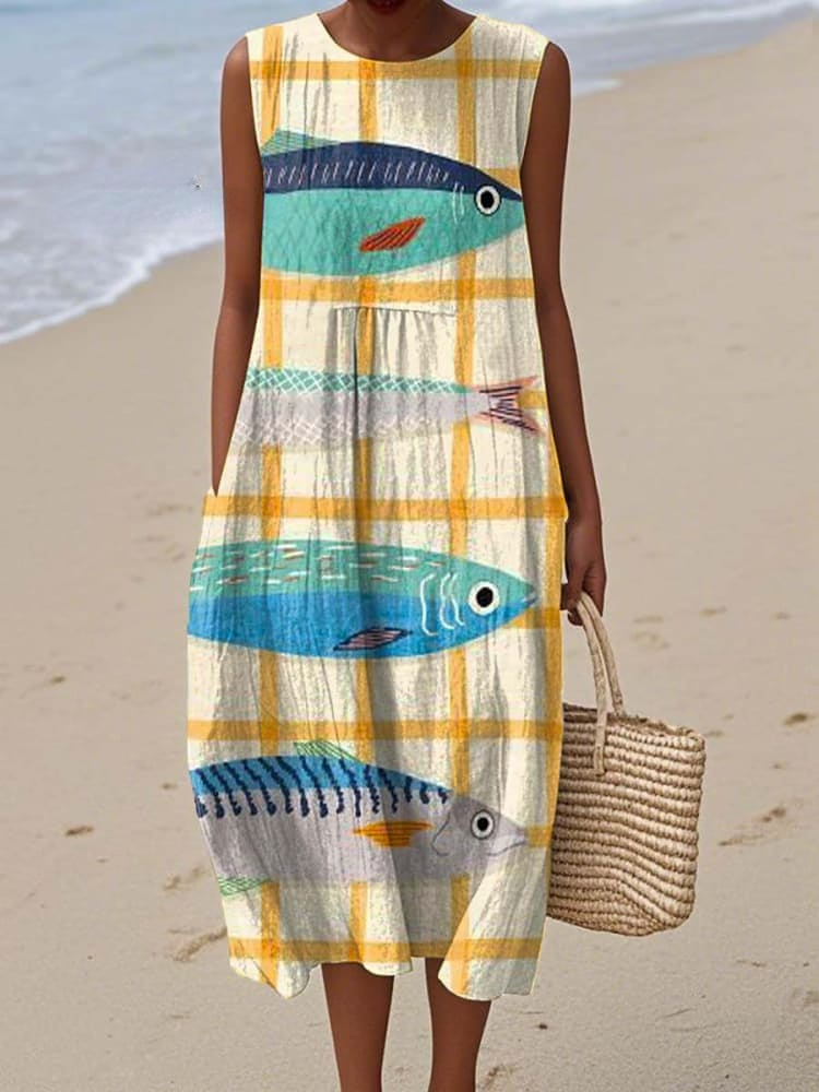 Women's Lovely Fish Art Print Sleeveless Cotton Pocket Wrap Dress