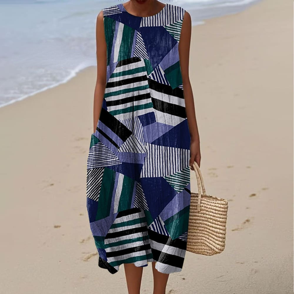 Women's Vintage Color Block Art Print Sleeveless Cotton Pocket Wrap Dress