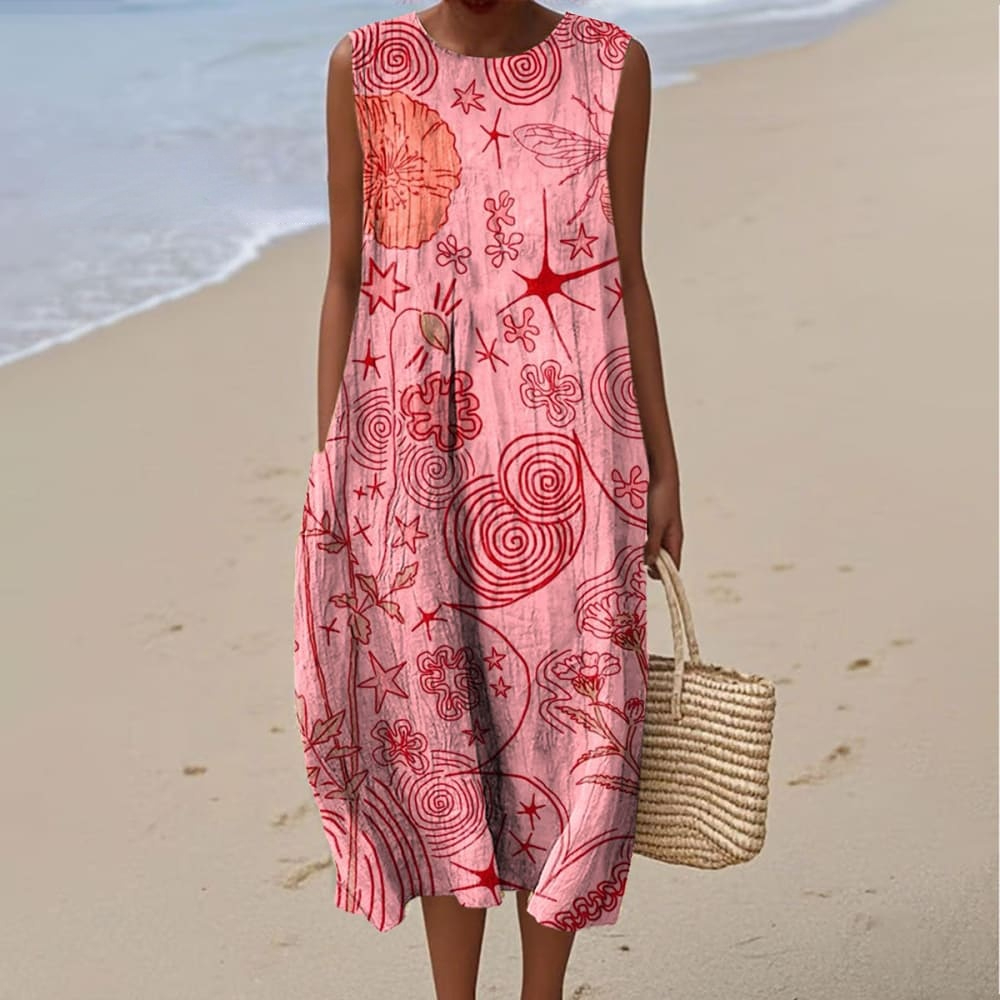 Women's Vintage Floral Art Print Sleeveless Cotton Pocket Wrap Dress