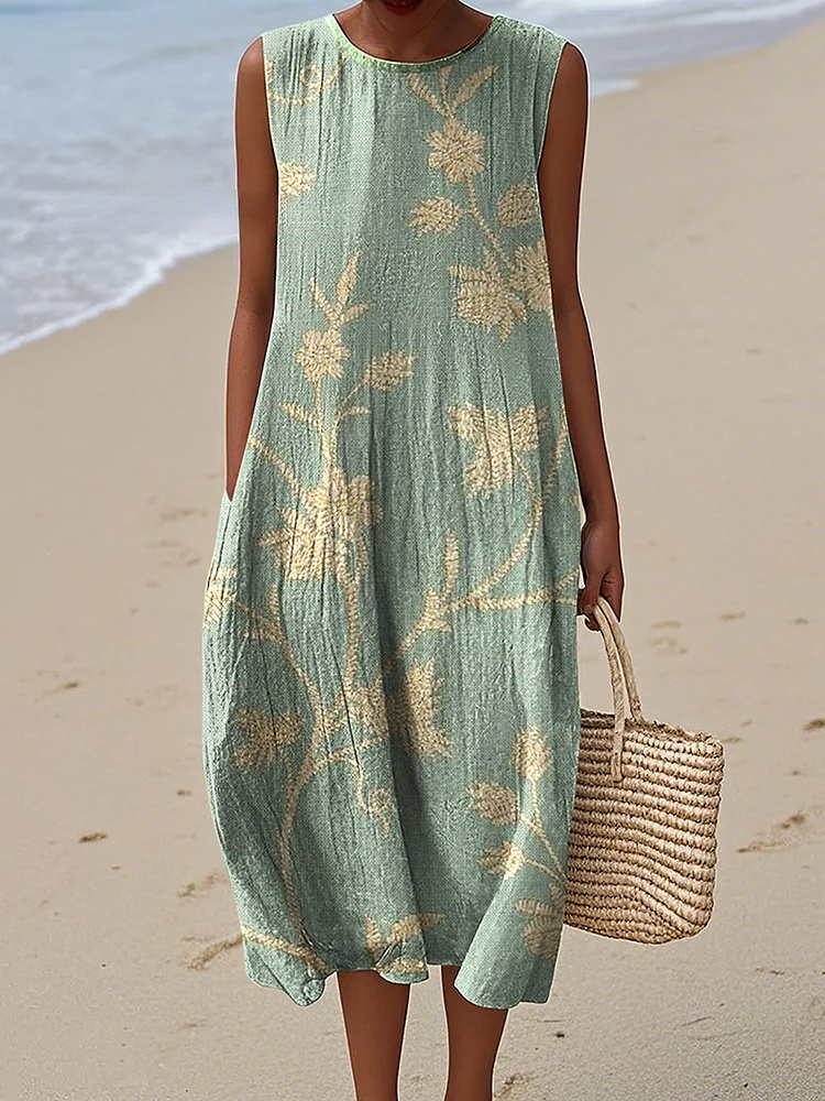 Women's Vintage Floral Print Cotton and Linen Dress