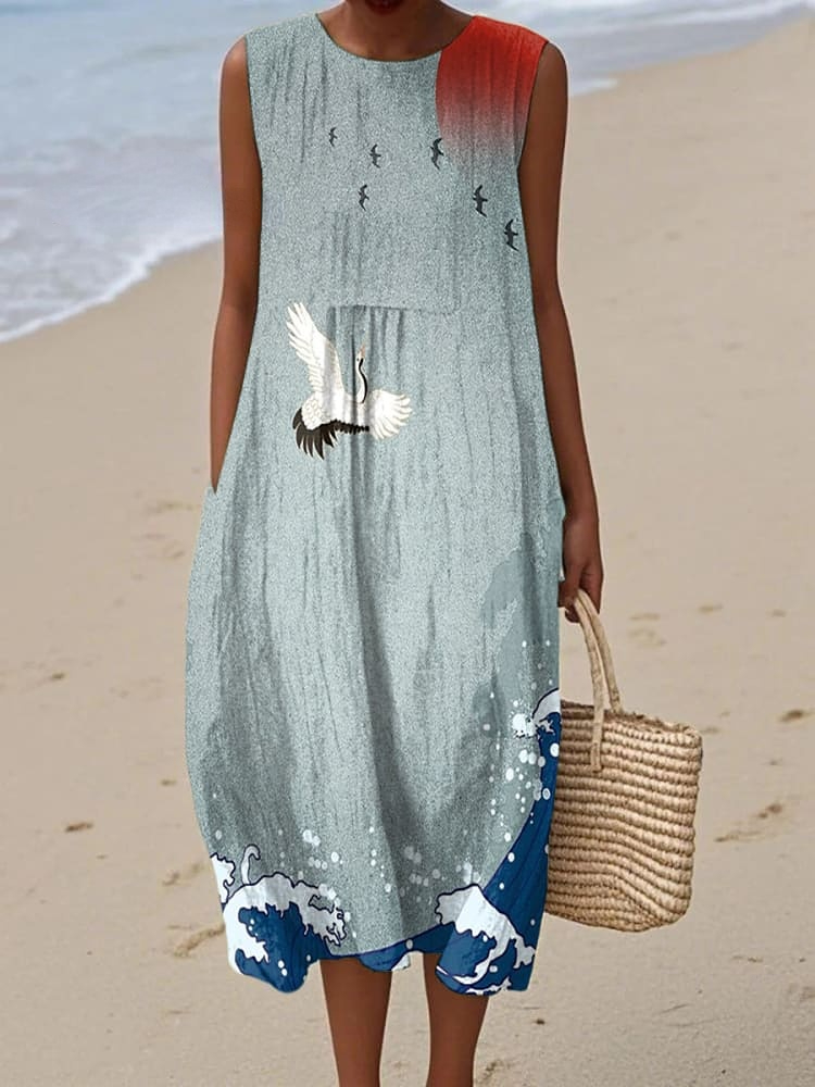 Women's Flying Cranes Japanese Art Pattern Sleeveless Linen Pocket Wrap Dress