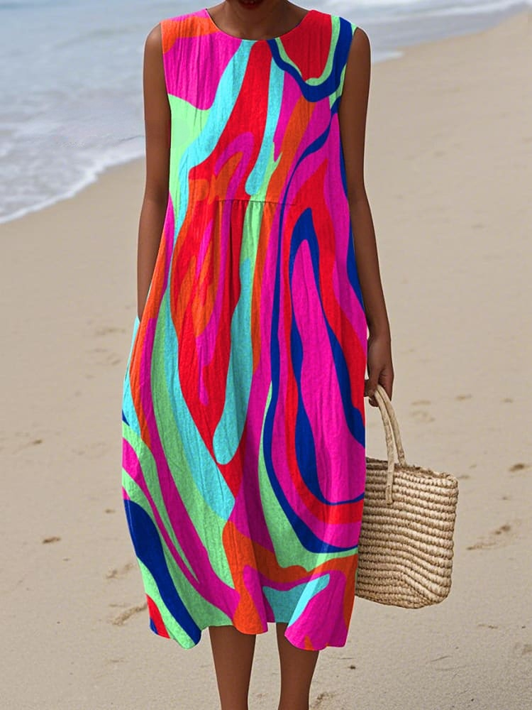 Women's Vintage Abstract Print Cotton and Linen Dress