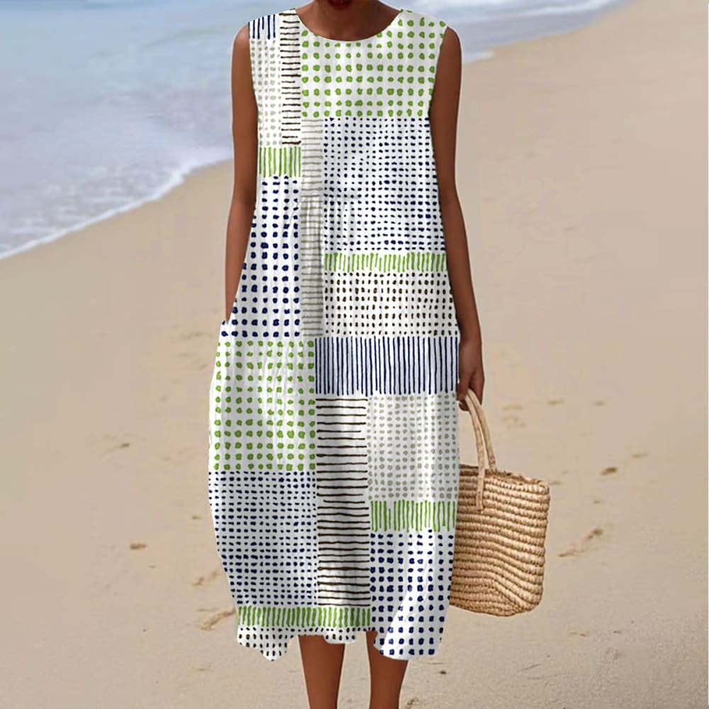 Women's Vintage Abstract Geometric Color Blocks Art Print Sleeveless Cotton Pocket Wrap Dress