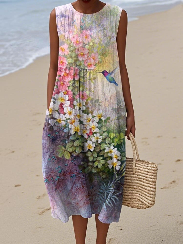 Women's Vintage Floral Hummingbird Print Cotton and Linen Dress