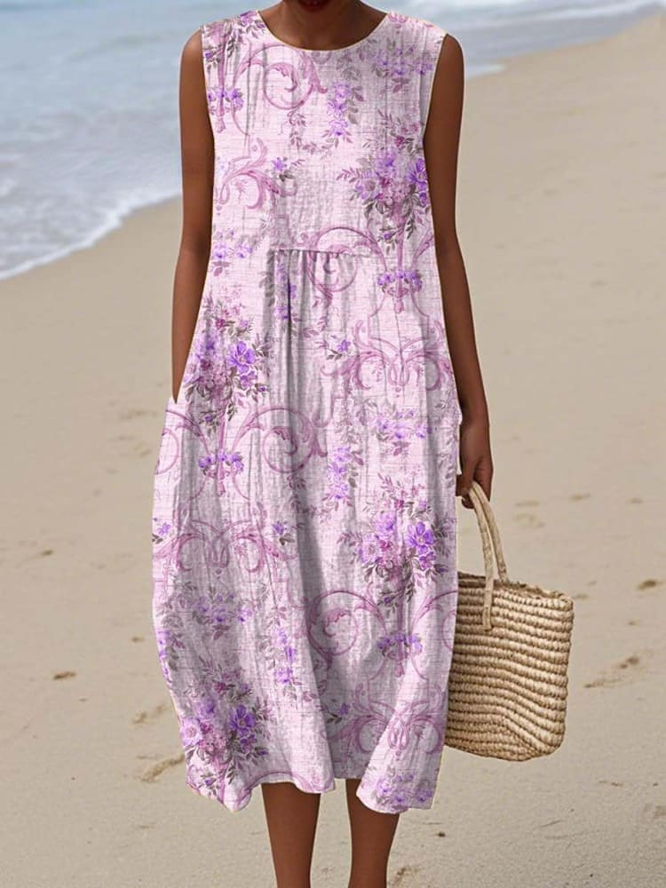 Women's Vintage Floral Art Print Sleeveless Cotton Pocket Wrap Dress