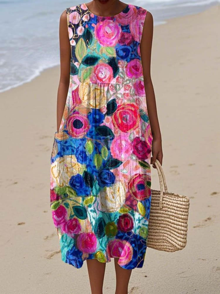 Women's Vintage Floral Art Print Sleeveless Cotton Pocket Wrap Dress