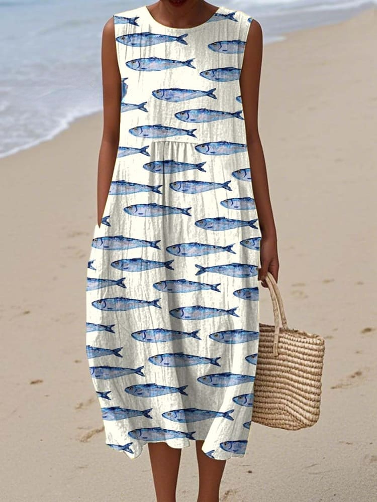 Women's Lovely Fish Art Print Sleeveless Cotton Pocket Wrap Dress