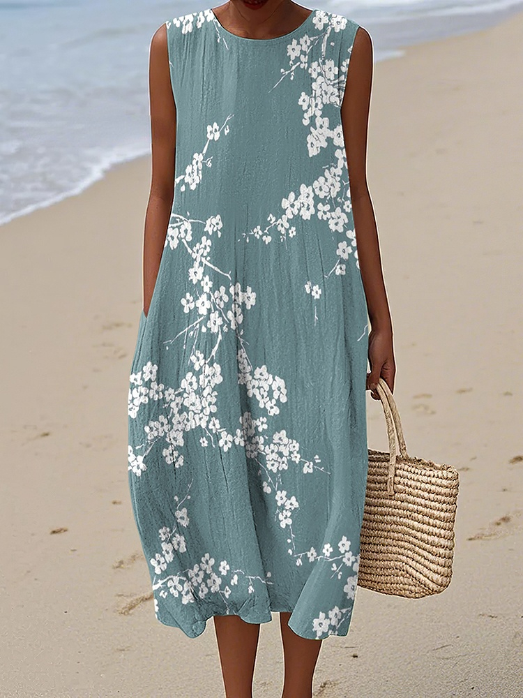 Women's Vintage Floral Print Cotton and Linen Dress