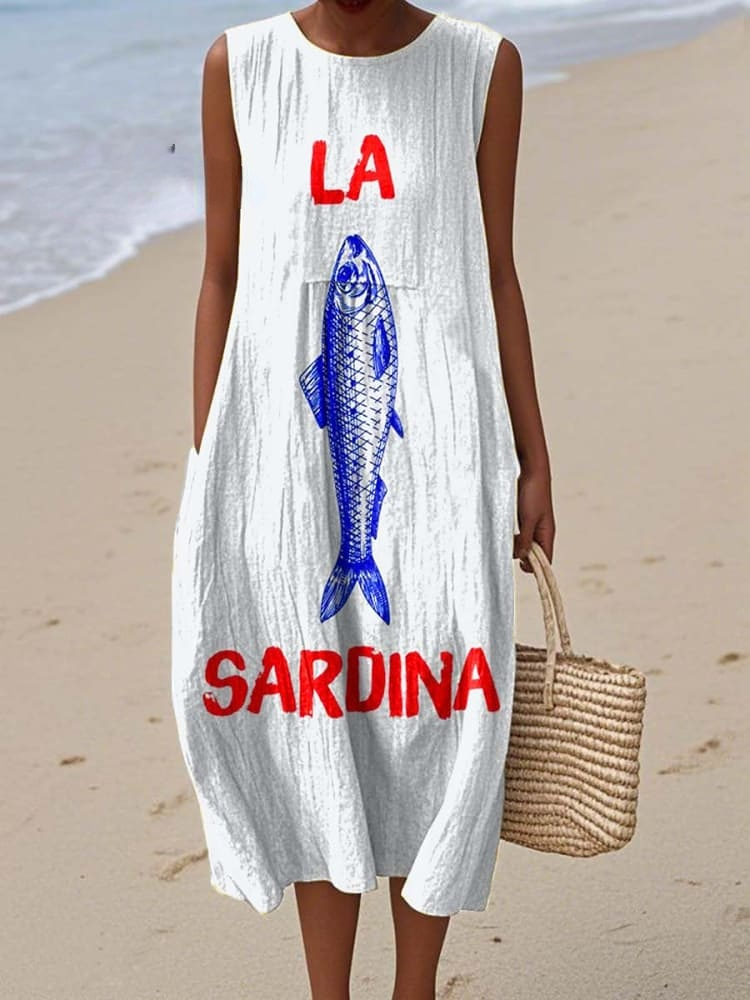 Women's Lovely Sardine Art Print Sleeveless Cotton Pocket Wrap Dress