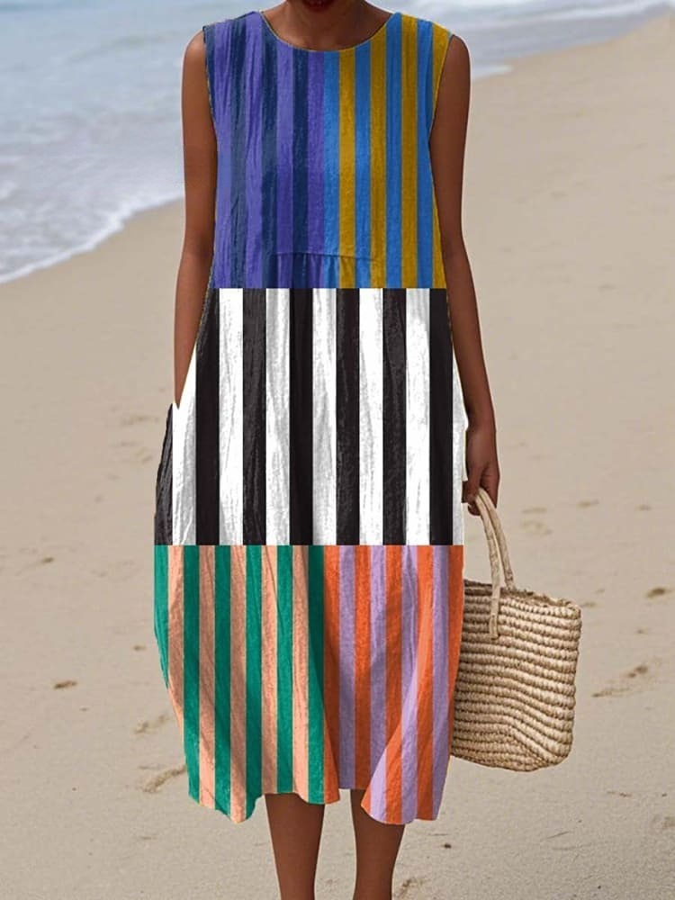Women's Geometric Pattern Art Print Sleeveless Cotton Pocket Wrap Dress