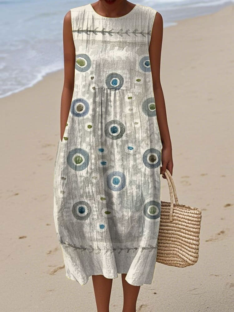 Women's Vintage Abstract Geometric Art Print Sleeveless Cotton Pocket Wrap Dress
