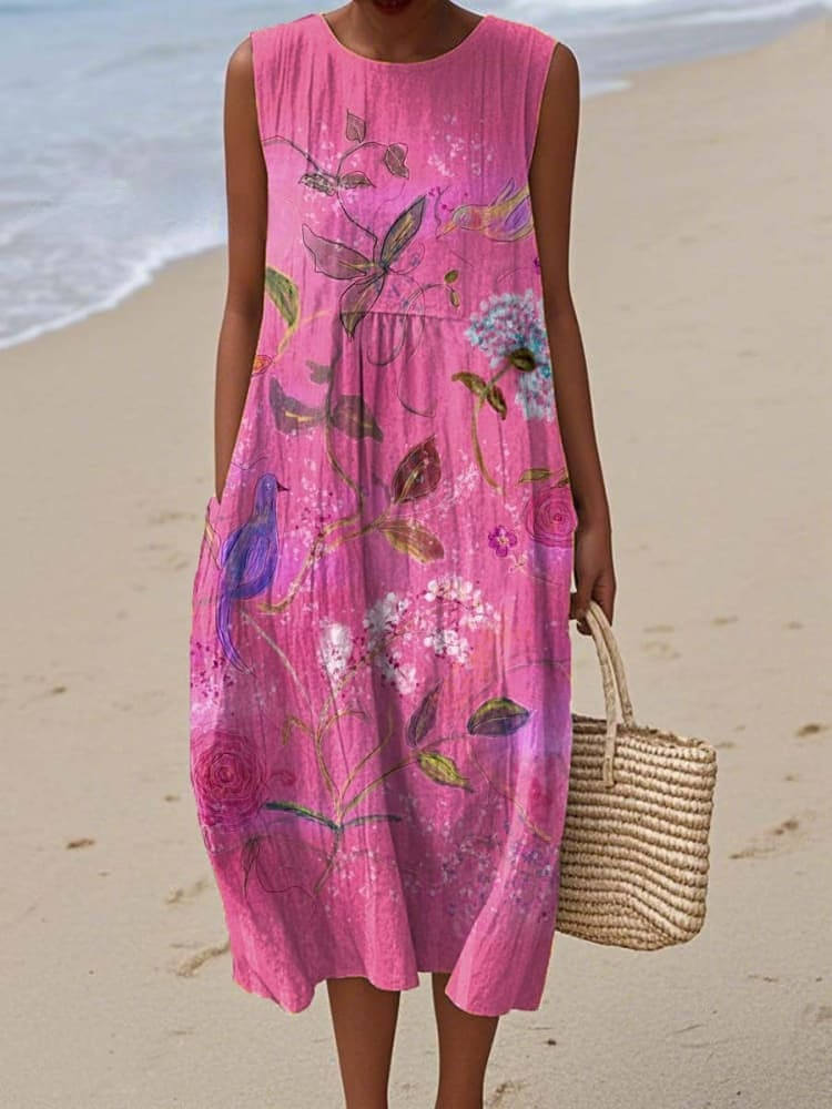 Women's Vintage Floral Art Print Sleeveless Cotton Pocket Wrap Dress