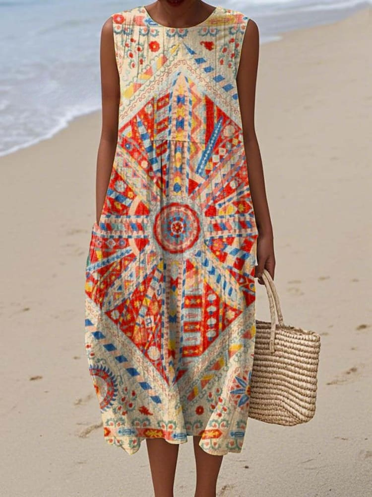 Women's Vintage Floral Art Print Sleeveless Cotton Pocket Wrap Dress