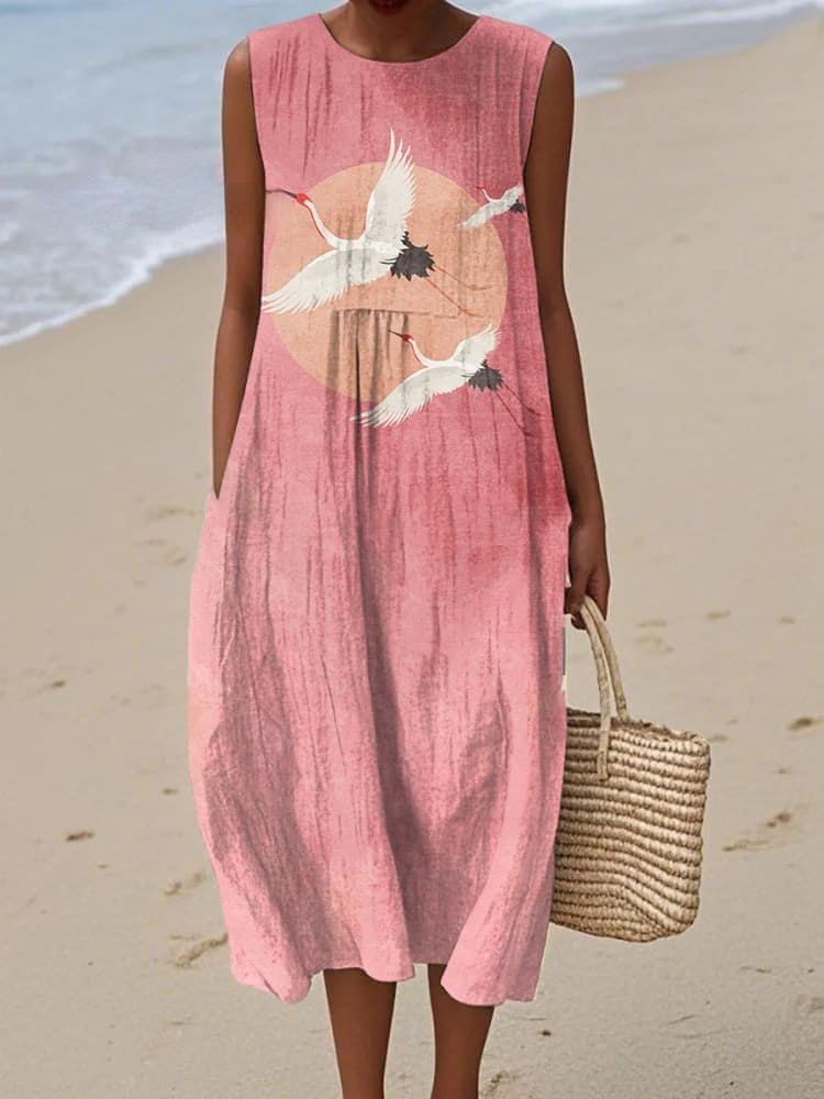 Women's Flying Cranes Japanese Art Pattern Sleeveless Linen Pocket Wrap Dress