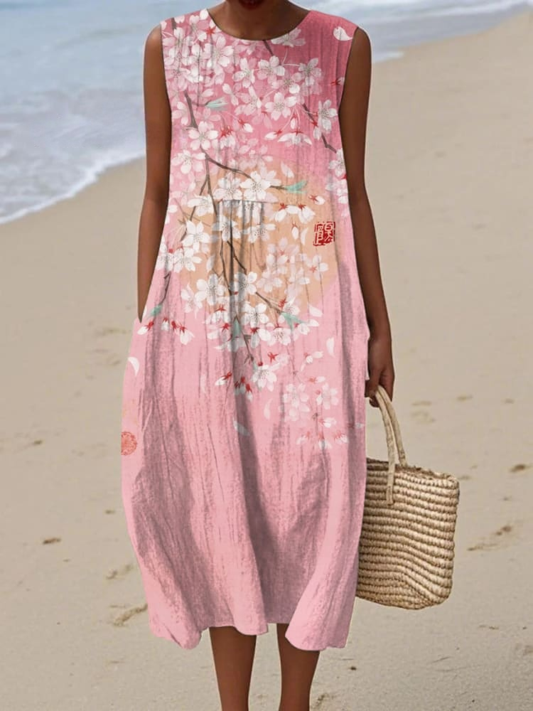 Women's Cherry Blossom Full Moon Japanese Art Print Sleeveless Linen Pocket Wrap Dress