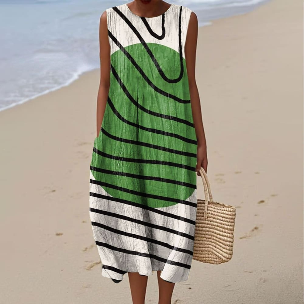 Women's Fashion Color Block Line Art Print Sleeveless Cotton Pocket Wrap Dress