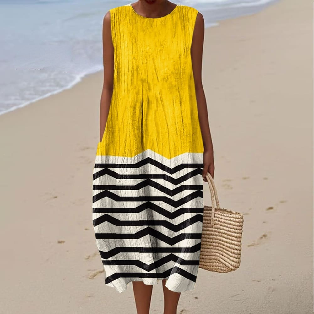 Women's Fashion Color Block Art Print Sleeveless Cotton Pocket Wrap Dress