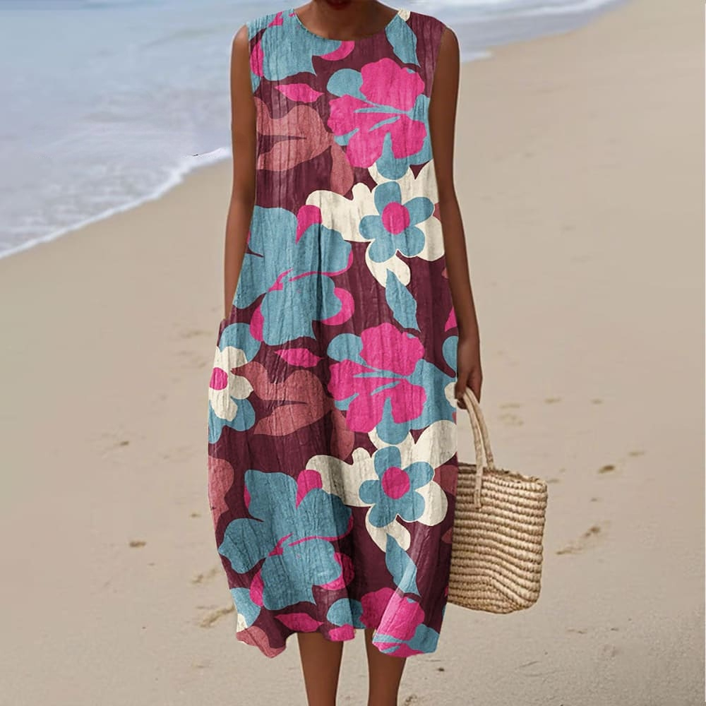 Women's Color Block Floral Art Print Sleeveless Cotton Pocket Wrap Dress