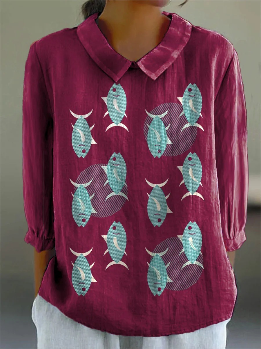 Women's Vintage Fish Art Print Casual Cotton And Linen 3/4 Sleeve Shirt